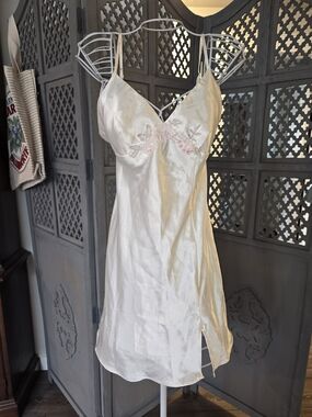Vintage Secret Treasures Ivory Satin Slip with Pink Floral Embroidery